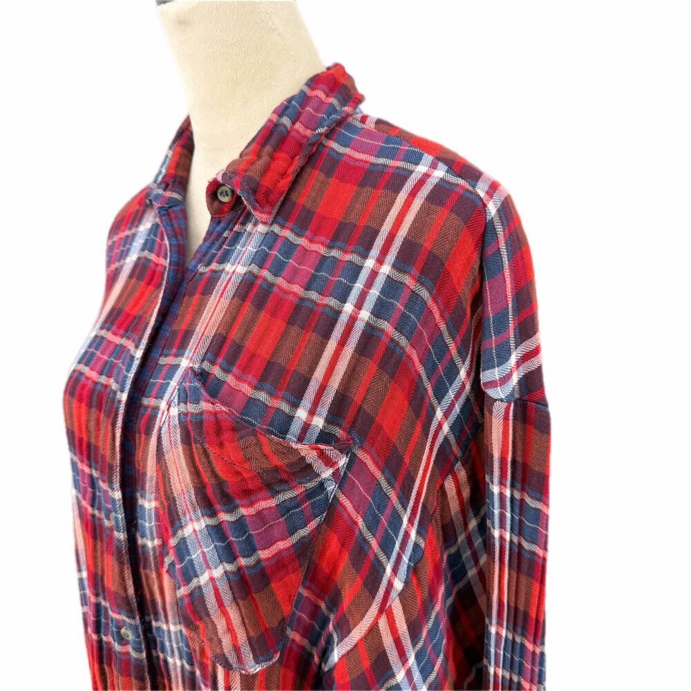 Free People One of the Guys Flannel Plaid Cotton Red White Blue Long Sleeve Top - Picture 7 of 13